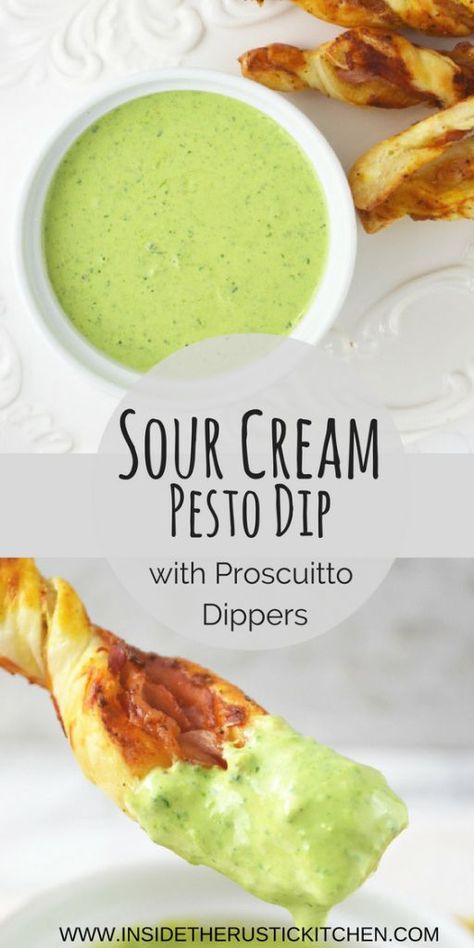 You will love this Sour Cream Pesto Dip with Prosciutto Dippers Recipe. Homemade pesto is swirled with sour cream and served with mustard, Parmesan and Prosciutto pastry twists. http://www.insidetherustickitchen.com Pastry Twists, Pesto Dip, Birthday Snacks, Snacks Ideas, Ethnic Food, Homemade Pesto, Appetizer Dips, Dip Recipes, Prosciutto