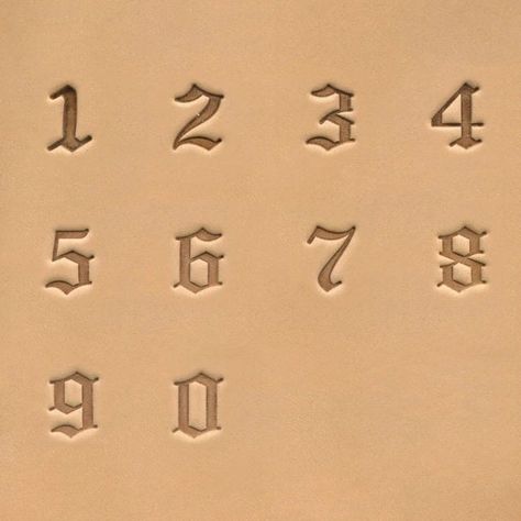 FREE STANDARD SHIPPING on USA orders over $40. This number set is perfect for personalizing your leathercraft projects and is a perfect companion to our Old English Alphabet Set #8142-00. Great for everyday stamping of numbers, dates, etc. on your handcrafted projects. These decorative Old English style motif numeric characters feature clean, crisp edges. Includes 10 cast zinc/zinc plated numbers (0-9) and a heavy duty steel, zinc plated snap-in handle. Protect your stamps from damage by using a Leathercraft Projects, Number Tattoo Fonts, Old English Alphabet, Old English Style, Number Fonts, Number Tattoos, English Fonts, Traditional Numbers, English Font