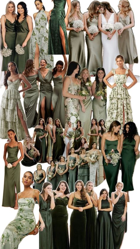 Mixed shades of green with floral bridesmaid dress collage. Bridal party dress inspiration. Sage Green And Forest Green Bridesmaid Dresses, Coordinating Bridesmaid Dresses Color Schemes, Pick Your Own Bridesmaid Dress, Olive Bridesmaid Dresses Mismatched, Different Greens Bridesmaids, Different Shade Of Green Bridesmaid, Shades Of Green Palette Wedding, Shade Of Green Bridesmaid Dresses, Multiple Green Bridesmaid Dresses