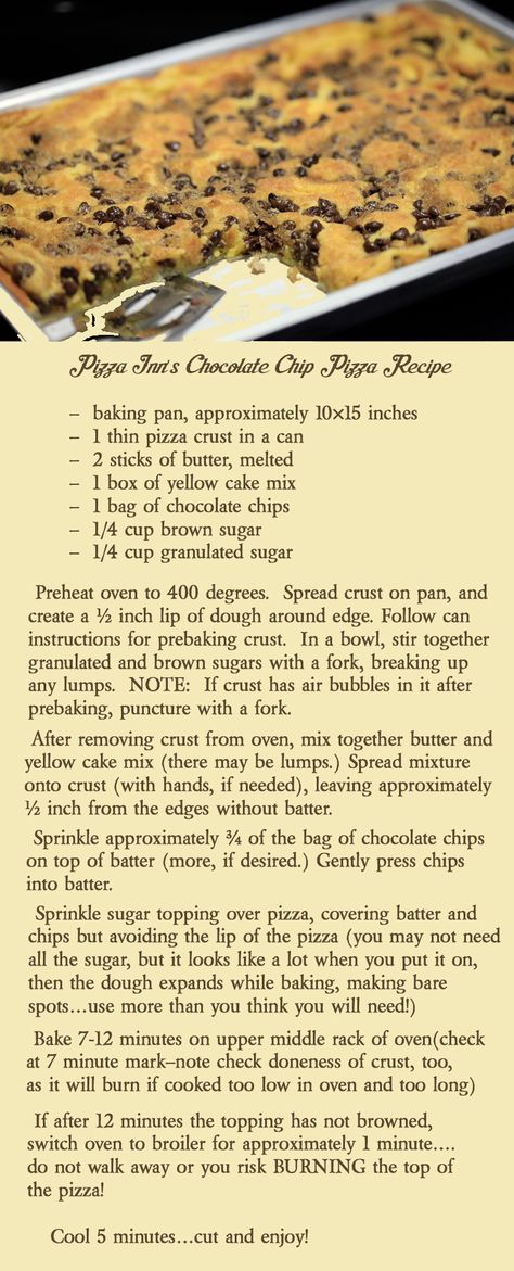 Pizza Inn's Chocolate Chip Pizza Recipe Pizza Inn Dessert Pizza, Chocolate Chip Pizza Recipe, Breakfast Bar Party, Chocolate Chip Pizza, Pizza Inn, Chocolate Chip Cookie Pizza, Chips Ideas, Dessert Pizza Recipes, Pizza Dessert