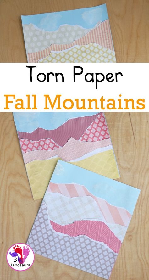 Torn Paper Fall Mountains - An easy fall craft that kids can make and be creative with using scrapbook paper. - 3Dinosaurs.com #tornpapercraft #craftsforkids #fallcraft #3dinosaurs Mountain Crafts For Kids, Geology Homeschool, Paper Mountains, Land Forms, Mountain Crafts, Recycling For Kids, American Landmarks, 3 Dinosaurs, Paper Craft For Kids