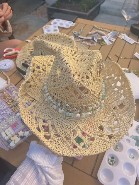 Coastal Cowgirl Tablescape, Summer Cowgirl Hat, Make Your Own Cowgirl Hat, Coastal Cowgirl Sorority Theme, Coastal Cowgirl Party Theme, Coastal Cowgirl Theme, Decorating Cowgirl Hats, Cowgirl Hat Decorating Ideas, Coastal Cowgirl Tattoo