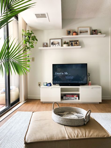 Floating Shelves Living Room Above Tv, Shelves Over Tv Ideas Living Rooms, Lack Shelves Living Room, Tv Wall Ideas Floating Shelves, Tv Wall Plants, Plants Above Tv, Shelf Above Tv Living Room, Tv Wall Decor Small Space, White Floating Shelves Living Room