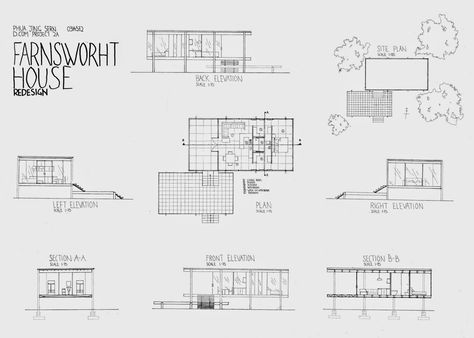 This module introduces fundamental skills for the appropriate communication of architectural design. It engages different means of visu... Farnsworth House Plan Dimensions, Farnsworth House Detail, Farnsworth House Sketch, Farnsworth House Plan, Scale Model Homes, Mies Van Der Rohe Architecture, Glass House Design, Farnsworth House, Concept Models Architecture