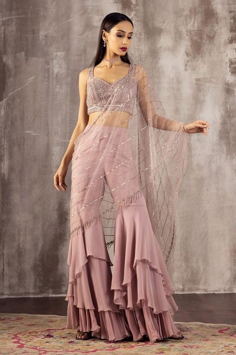 Buy Jigar Mali Collection | Lehengas, Sarees for Women Online - Aza Fashions Satin Gharara, Gharara Saree, Saree With Pants, Gharara Pants, Pant Saree, Dhoti Saree, Butterfly Net, Purple Saree, Indian Couture