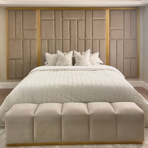 Wall Fabric Headboard, Neutral And Gold Bedroom Decor, Full Headboard Ideas, Luxury Beige Bedroom, Mink Bed Bedroom Ideas, Large Headboard Bedroom, Gold Theme Bedroom, Luxury Neutral Bedroom, Abstract Headboard