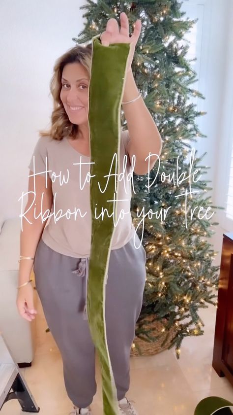 A tutorial on how to add double ribbon to your artificial tree. I made this video a little slower than others so you can follow me along… | Instagram Tinsel Ribbon Christmas Tree, Tree Trimmings Crafts, How To Decorate A Silver Tip Christmas Tree, Boho Theme Christmas Tree, How To Wrap Ribbon Around Xmas Tree, Beads And Ribbon Christmas Tree, Wrapping Ribbon Around Christmas Tree, How To Decorate A Christmas Tree With Tulle, Vertical Christmas Tree Ribbon