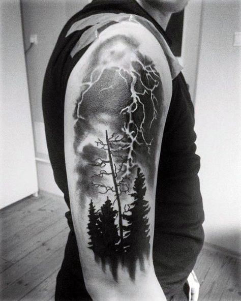 Cool Arm Pine Trees Thunderstorm Tattoo Design Ideas For Male Storm Tattoo Men, Background Tattoo Ideas, Thunderstorm Tattoo, Blitz Tattoo, Storm Tattoo, Lightning Tattoo, Bolt Tattoo, Omerta Tattoo, Forest Tattoos