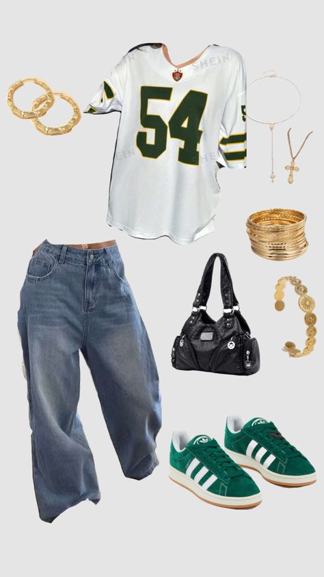 #outfitinspo #outfit #y2k #vintage #green #gold #coolgirlstyle #oversized Y2k Gold Outfits, Childish Gambino Concert Outfit Ideas, Green Outfit Aesthetic Black Women, Sorority Outfits Casual, Green School Outfits, Thrifting Clothes Ideas, Outfits For Friends Birthday, Vintage Outfit Inspo 90s, Childish Gambino Aesthetic Outfits