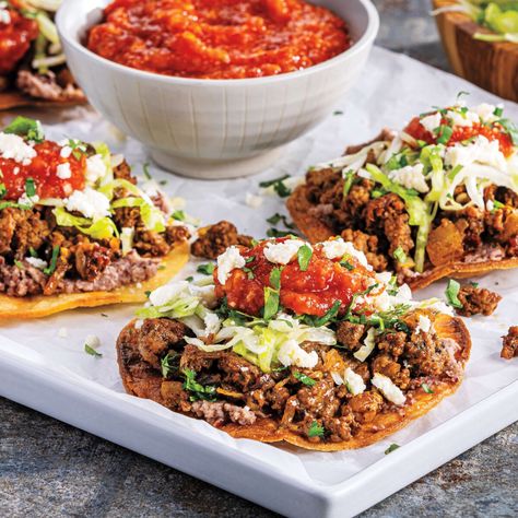 Ground Beef Tostadas, Mexican Tapas, Beef Tostadas, Quick Lunches, Family Dinners, Mexican Dishes, Fresh Veggies, Fresh Cilantro, Fresh Lime Juice