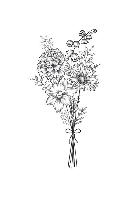 Flower Bouquet Tattoo Drawing, Floral Tattoo Design Dainty, Leo Flower Bouquet, Flower In Boot Tattoo, Pretty Bicep Tattoos For Women, Tattoos For May Birthdays, Arnica Flower Tattoo, Birth Flowers With Butterfly Tattoo, December And June Flower Tattoo