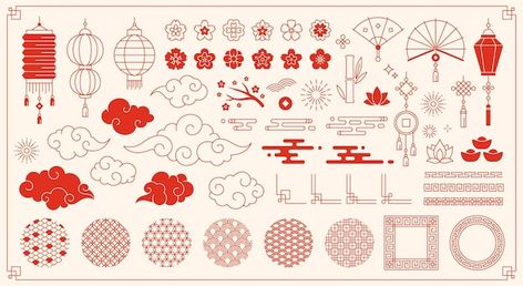 Chinese Culture Aesthetic, Chinese Pattern Design, New Year Elements, Japanese Ornaments, Japanese Ornament, Frames Design Graphic, Book Illustration Layout, New Year Symbols, Chinese Illustration