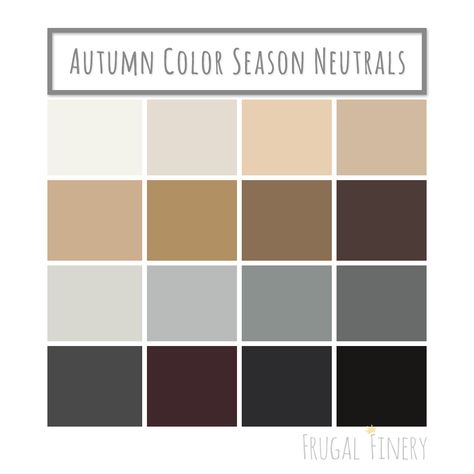 Neutral colors for the Autumn Color Season wardrobe palette. No pure white or pure black (unless you're a dark or deep Autumn). Instead opt for shades of beige, brown, warm grays, and the darkest variations of warm colors in place of black. Winter Pallet, Deep Autumn Palette, Deep Autumn Color Palette, Soft Autumn Color Palette, Soft Summer Palette, Soft Summer Colors, Winter Color Palette, Winter Mood, Deep Autumn