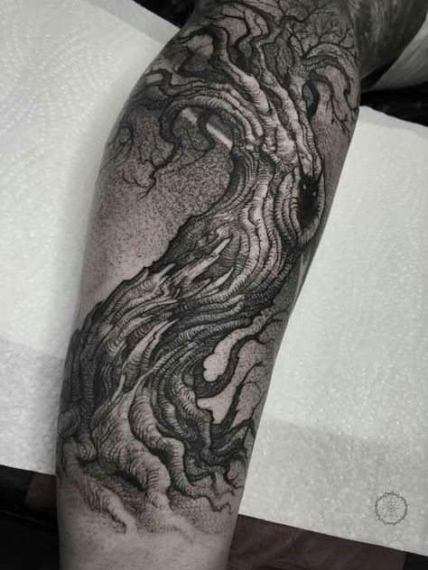 Blackwork Tree Tattoo, Blackwork Nature Tattoo, Creepy Forest Tattoo, Dark Tree Tattoo, Forest Scene Tattoo, Fred Tattoo, Rib Tats, Dark Forest Tattoo, Cool Nature Tattoos