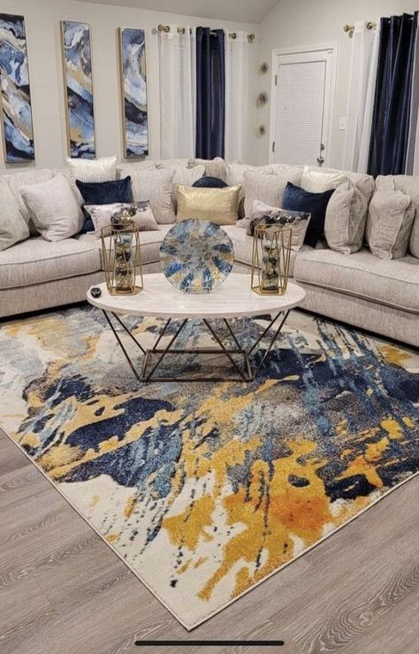 Blue And Yellow Living Room Ideas, Blue White And Gold Living Room, Blue And Gold Living Room, Silver Living Room, Navy Living Rooms, Navy Blue Living Room, Apartment Decorating Living, Housing Ideas, Blue Living Room Decor