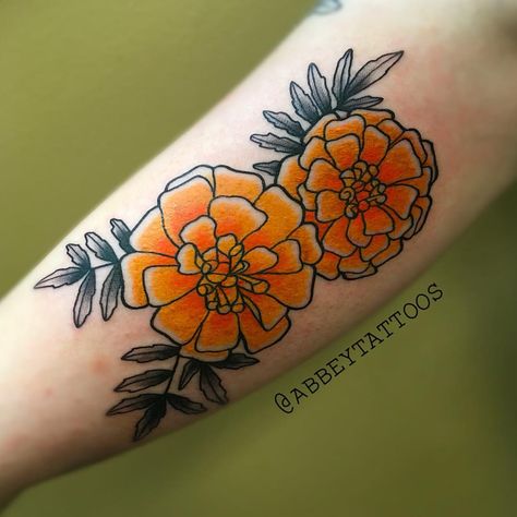 Ornamental marigolds for @ittssalexiss to continue her sleeve. . . . #abbeytattoos #parasoltattoo #parasoltattoocompany #tattoo… Traditional Marigold Tattoo, Marigold Tattoo, Dahlia Tattoo, Wizard Tattoo, Colour Tattoo For Women, Small Flower Tattoos, Tattoo Portfolio, Tattoo Designs And Meanings, Baby Tattoos