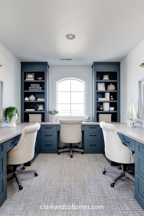 Open shelves flank the arched window that lets natural light into this desk area, a perfect spot for kids homework and getting things done. #bluecabinets #homeoffice #homeworkstation #bonusroom Office With Two Desks, Coastal Office, Homework Room, Bookshelf Design, Desk Areas, Small Home Office, Built In Desk, Home Office Space, Desk Design