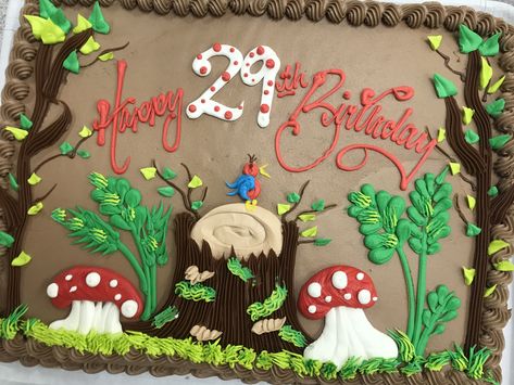 Mushroom Sheet Cake, Fairy Sheet Cake, Woodland Sheet Cake, Cute Sheet Cakes, Summer Sheet Cake Designs, Forest Sheet Cake, Forest Cake Ideas, Sheet Cakes Decorated Birthdays, Cake Rectangle