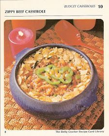 Family Night Dinner Ideas: Zippy Beef Casserole Zippy Beef Casserole, 1971 Betty Crocker Recipe Cards, Family Night Dinner Ideas, Budget Casseroles, Throwback Recipes, Betty Crocker Recipe Card Library, Vintage Recipe Cards, Can Tomatoes, Best Ground Beef Recipes