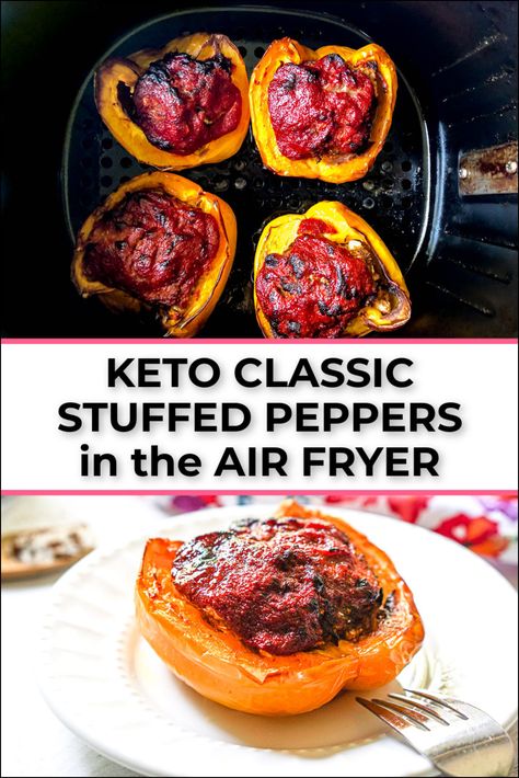 If you are in the mood for stuffed peppers on a low carb diet, try making these keto air fryer stuffed peppers. You can have an easy, hearty and delicious low carb dinner in less than 30 minutes! Only 4.3g net carbs per serving and you can make these keto stuffed peppers in the oven as well. Air Fryer Stuffed Peppers, Classic Stuffed Peppers Recipe, Classic Stuffed Peppers, Air Fryer Recipes Keto, Easy Low Carb Dinner, Keto Stuffing, Low Carb Stuffed Peppers, Keto Stuffed Peppers, Easy Stuffed Peppers