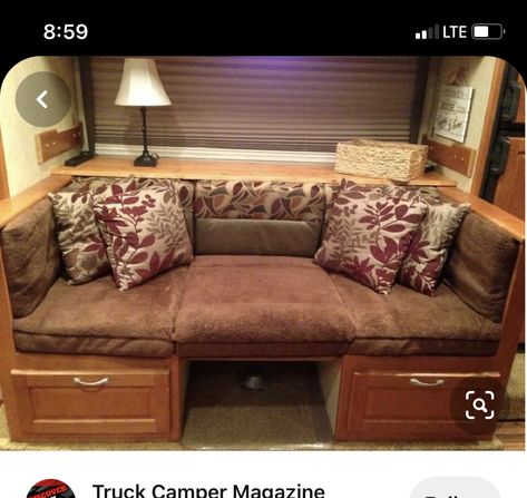 Rv Dinette To Sofa, Tv Dinette Remodel, Rv Dinette Bed Ideas, Rv Dinette To Daybed, Rv Beds, Camper Sofa, Camper Updates, Sleeping Couch, Daybed Ideas