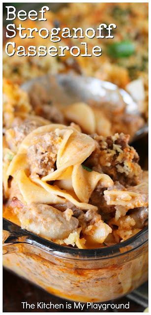 Beef Stroganoff Casserole ~ Dig in to a pan of this tasty casserole for dinner! It's loaded with great flavor the whole family will love. www.thekitchenismyplayground.com Stroganoff Casserole Recipe, Beef Stroganoff Casserole, Stroganoff Casserole, Beef Casserole Recipes, Yummy Casseroles, Beef Recipes Easy, Easy Casserole Recipes, Beef Stroganoff, Beef Recipes For Dinner