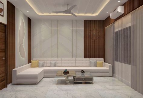 wall panelling , material , fluted panel , stone finish mica, 3dmdf, flooring , ceiling , art piece,, centre table, coffee table pelmet , sofa Front Wall, Cafe Interior Design, Side Wall, Drawing Room, Cafe Interior, Cafe, Sofa, Interior Design, Wall