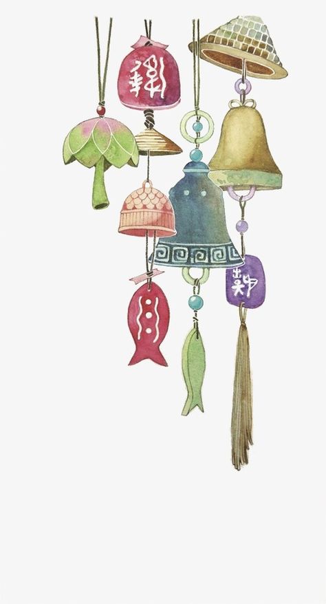 Japanese Wind Chimes, Japon Illustration, Art Aquarelle, China Art, Chinese Painting, Chinese Art, Asian Art, Japanese Art, Colorful Art