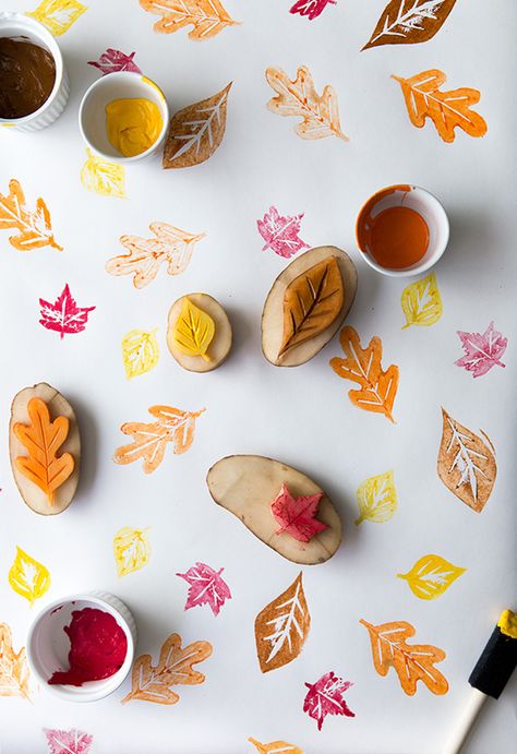 Fall foliage is probably the thing I miss most about growing up in New York. So many fond memories of jumping in gigantic piles of leaves and the most beautiful red and orange trees on our walk to school. Here is a roundup of 5 favorite fall crafts to do with kids… Autumn Leaf Soaps. … Potato Stamping, Potato Stamps, Make Your Own Stamp, Potato Stamp, Potato Print, Vegetable Prints, Summer Craft, Autumn Activities For Kids, Fabric Stamping