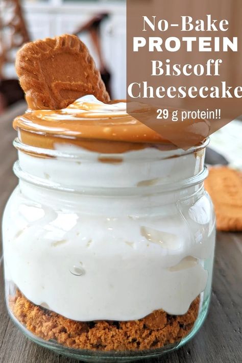 I added protein to this simple, 5 ingredient, No-Bake Biscoff cheesecake and got 29 grams of protein in this yummy, creamy dessert. High Protein No Bake Cheesecake, Biscoff Protein Balls, Food Polls, Protein Sweets, Protein Dessert Recipes, High Protein Cheesecake, Foods Breakfast, Fitness Snacks, Protein Dessert