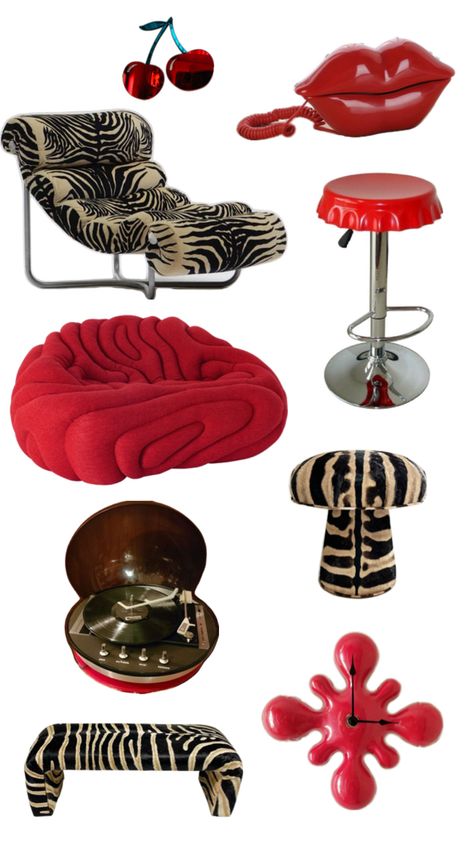 #red #zebra #funky Y2k Furniture, Y2k Interior Design, Y2k Interior, Y2k Apartment, Green Sofa Living, Dream Apartment Decor, Future Apartment Decor, Apartment Decor Inspiration, Dream Apartment