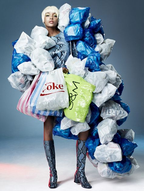 Catwalk regular Jourdan Dunn indulges in junk-food culture for issue seven of the art and fashion staple, Garage Magazine: from NOWNESS Sustainable Fashion Photography, How To Wear A Blanket Scarf, Jourdan Dunn, Recycled Fashion, Fashion Project, Plastic Bags, Fashion Shoot, Fast Fashion, Editorial Fashion