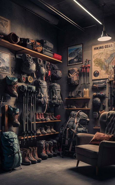 Create a rugged and durable adventure room with industrial gear wall ideas! These designs are perfect for heavy-duty outdoor gear storage and keeping your hiking essentials organized in a strong, practical space. 🛠️ #IndustrialGearRoom #HikingGear #OutdoorGearStorage Hiking Equipment Storage, Backpacking Gear Wall, Gear Room Storage, Camp Gear Organization, Hiking Gear Storage Ideas, Adventure Gear Storage, Gear Room Organization Small Spaces, Cabin Storage Ideas, Hunting Storage Room