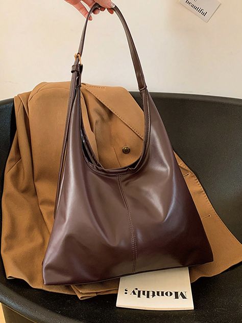 Coffee Brown Casual,Elegant,Punk,Preppy,Vacation,Fashionable Collar  PU Leather Plain Bucket Bag Embellished   Women Bags Casual Work Bag, Black Bucket Bag, Retro Shoulder Bag, Vintage Shoulder Bag, Handbags Casual, Casual Tote, Work Bag, Mua Sắm, Bird In Bag