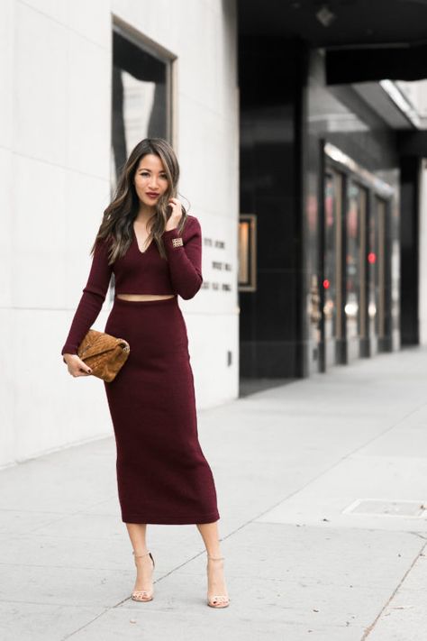 Wendy Nguyen, Official Dresses, Wendy's Lookbook, Burgundy Outfit, Burgundy Midi Dress, Wine Dress, Berry Lips, Winter Street, Winter Dress Outfits