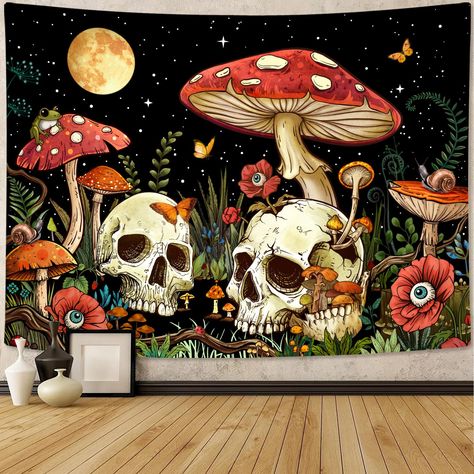 PRICES MAY VARY. Unique Gothic Mushroom Design: This tapestry features an intricate design of skulls, mushrooms, and vibrant botanical elements, creating a mysterious and artistic vibe. It’s perfect for those who love dark, gothic, and nature-inspired decor. Premium Quality Fabric: Made from 100% polyester, this tapestry is soft, lightweight, and durable. The fabric is wrinkle-resistant and ensures that the vivid colors and detailed design stay sharp and vibrant over time. Available in Multiple Boho Gothic Bedroom, Skull Room Decor, Gothic Mushroom, Mushroom Bedroom, Gothic Room Decor, Cute Tapestry, Skull Tapestry, Mushroom Tapestry, Tapestry Aesthetic