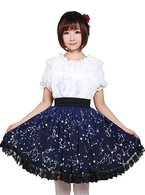 Trendareus Deep Blue Polyester Constellations Printed Lace Kawaii Lolita Skirt Preppy Style Women, Kawaii Skirt, Constellation Print, Cheap Skirts, Buy Skirts, Mini Cute, Cute Skirt, Belted Shirt Dress, School Uniforms