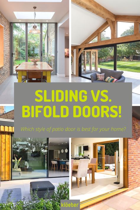 Sliding vs bifold doors: which style should you pick for your home renovation or self build? We look at these patio door designs in more detail! Click for sliding and bifold door inspiration #bifolddoors #slidingdoors #glazing #selfbuild #homerenovation #renovation Bifold Door Styles, Bifold Exterior Doors Patio, Bifold Doors Onto Deck, Bifold Exterior Doors, Bifold Doors Onto Patio, Patio Sliding Doors, Bifold Patio Doors, Stacker Doors, Door Options