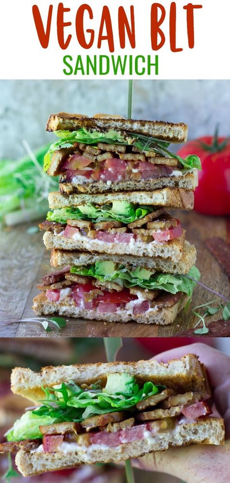 Vegan BLT Sandwich with the best tempeh bacon (baked), lettuce, tomatoes, egg-free mayo + avocado & sprouts! #vegan #tempeh #vegansandwich Vegan Blt, Vegan Blt Sandwich, Nora Cooks, Vegan Tempeh, Baked Tempeh, Vegan Sandwich Recipes, Homemade Tofu, Tempeh Bacon, Tempeh Recipes