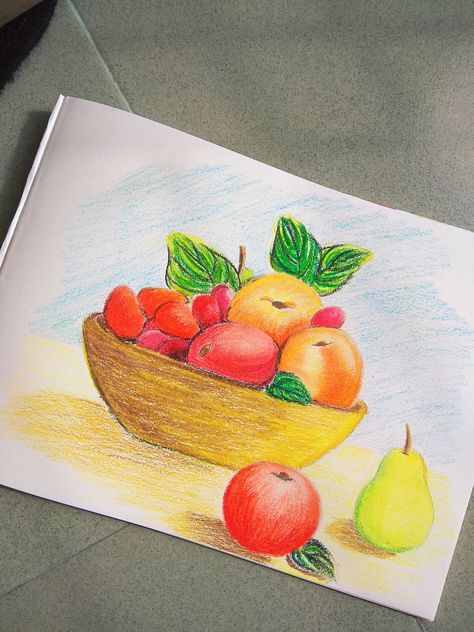 Sketch Of Fruits, Fruit Garden Painting, Fruit Basket Drawing Pencil Colour, Fruit In Basket Drawing, Fruits Oil Pastel Drawing, Drawing Fruit Basket Art, How To Draw A Fruit Basket, Fruits Oil Pastel, Fruit Basket Drawing Paintings