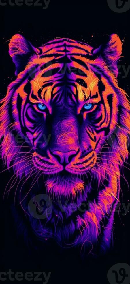 a close up of a tigers face with bright purple and orange lights. generative ai. Purple Tiger, Cats Family, Wallet Art, Vector Nature, Tiger Wallpaper, Tiger Face, Energy Projects, Purple And Orange, Beautiful Wallpapers Backgrounds