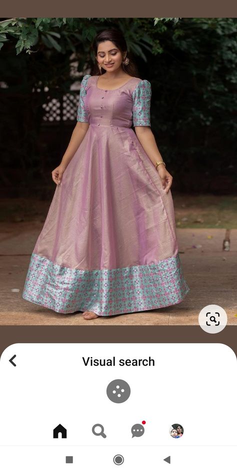 Maxi Dress Models For Stitching, Pattu Long Frock Models For Women, Puff Hands Designs For Long Frocks, Pattu Maxi Dress, Long Frock Models Traditional, Pattu Chudidhar Models For Stitching, Long Frock Stitching Ideas, Traditional Maxi Dress Indian, Pattu Saree Frocks Designs