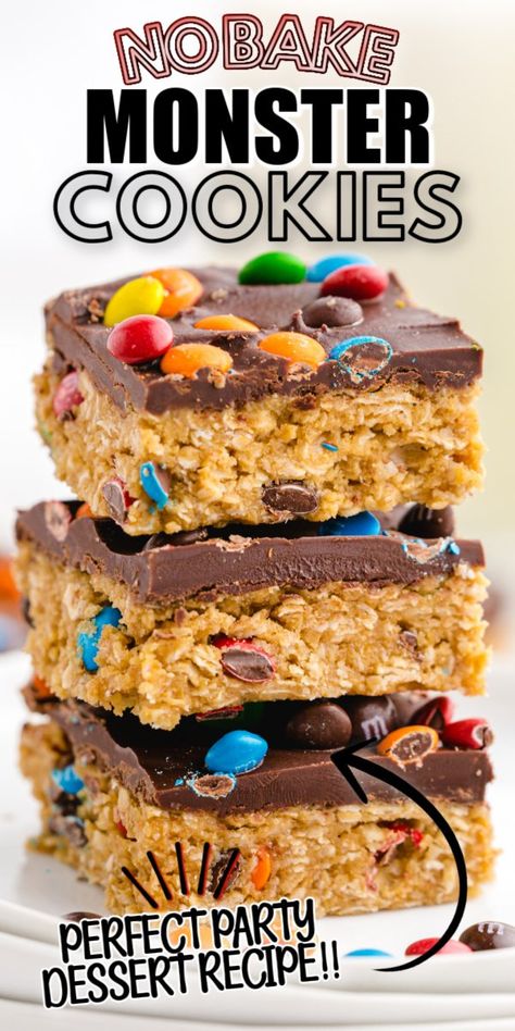 No Bake Monster Cookies Monster Cookies No Bake, Monster Cookie No Bake Bars, No Bake Monster Cookie Bars, No Bake Monster Cookies, No Bake Bars Recipes, Monster Recipes, Basketball Cookies, Oats Chocolate, Monster Cookies Recipe