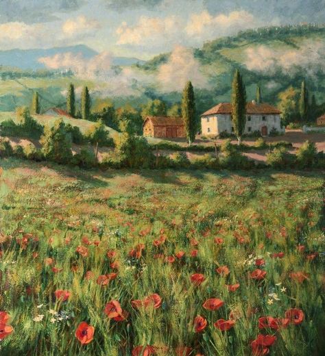 Poppy Flower Oil Painting, Italy Oil Painting Landscapes, European Oil Painting, Florence Italy Landscape, Europe Landscape Painting, Europe Art Paintings, Art Of Italy, France Oil Painting, Tuscany Italy Painting