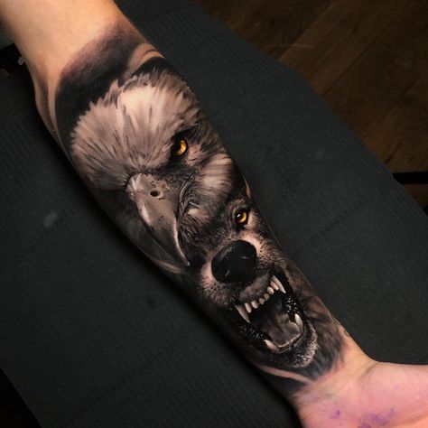 Eagle And Wolf Tattoo, Eagle Tattoo Arm, Eagle And Wolf, Wolf Tattoo Forearm, Natur Tattoo Arm, Eagle Head Tattoo, Animal Sleeve Tattoo, Lion Tattoo Sleeves, Wolf Tattoo Sleeve