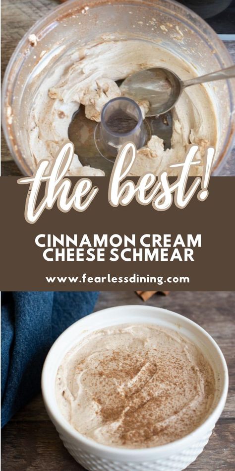 You will love how easy this homemade creamy cinnamon cream cheese spread is. No bagel or sweet potato toast is complete without a good schmear. Top sweet potato toast, or dip fruit into this sweet maple cinnamon cream cheese dip. www.fearlessdining.com Sweet Bagel Toppings, Bagel Schmear Recipe, Cinnamon Spread Recipe, Bagel Spread Recipes, Cinnamon Bagels, Cream Cheese Spread Recipes, Bagel Spread, Homemade Breakfast Recipes, Healthy Cream Cheese