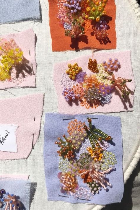 Beaded Textile Art, Textile Samples Ideas, Beading Textiles, Endings Art, Crochet Sketchbook, Spring Textiles, Beaded Embroidery On Fabric, Textiles Aesthetic, Summer Textiles