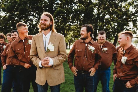 Fall Wedding Groomsmen Attire Western, Terracotta Groomsmen Attire Western, Rust Groomsmen Attire Jeans, Burnt Orange Weddings Groomsmen Jeans, Terracotta Wedding Groomsmen Jeans, Terracotta Groomsmen Attire Jeans, Navy Western Wedding, Bolo Tie Groomsmen, Jeans Groomsmen Attire