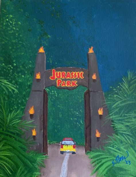 Jurassic World Painting, Jurassic Park Painting Canvas, Dinosaur Painting Ideas, Jurassic Park Drawing, Jurassic Park Painting, Movie Paintings, Jurassic Park Gate, Jurassic Park Trilogy, Dinosaur Classroom