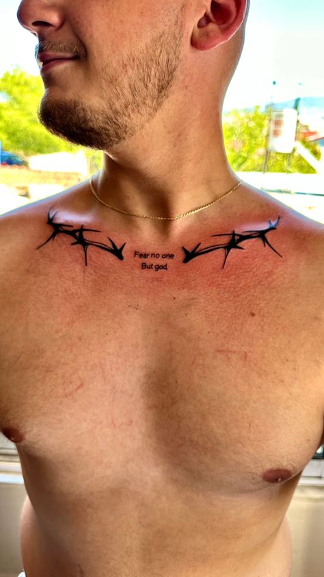 Medium Chest Tattoo Men, Men’s Collarbone Tattoos, Colar Bone Tattoo Men, Collar Bone Tattoo For Men, Front Neck Tattoo, Clavicle Tattoo, Bone Tattoo, Chest Tattoo Men, Collar Bone Tattoo